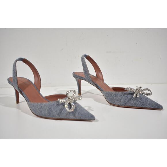 Amina Muaddi Rosie Sling Denim Blue Crystal Bow Slingback Sandal Heel Pump 38.5 - Picture 4 of 11